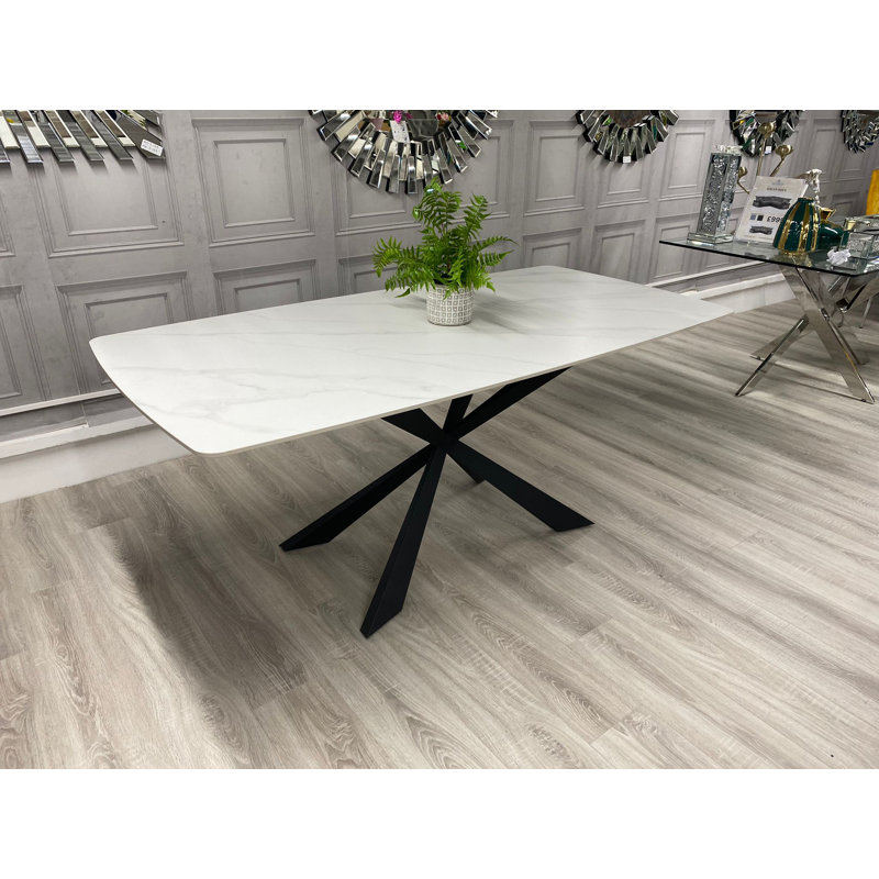 New York White Stone Top Dining Table, 75cm H x 180cm L x 90cm W, White