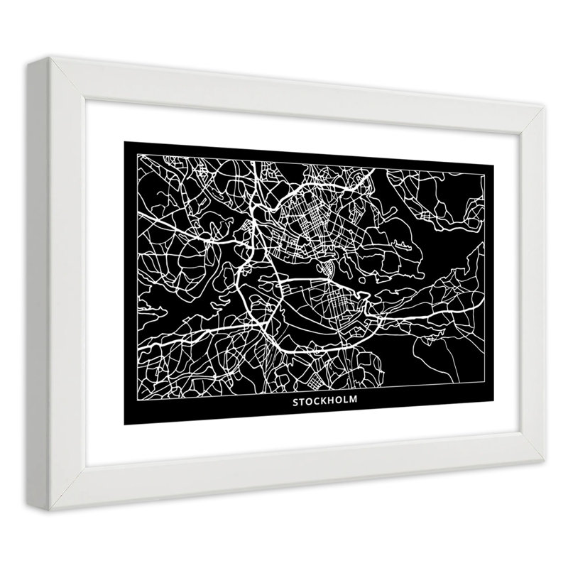 Stockholm City Map - Single Picture Frame Print, 60cm H x 90cm W, White