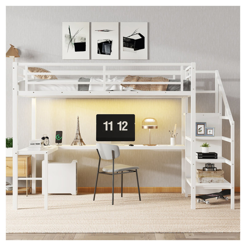 Lit mezzanine simple TG avec garde-robe et escalier intégrés, panneau de fibres à densité moyenne blanc et structure en métal