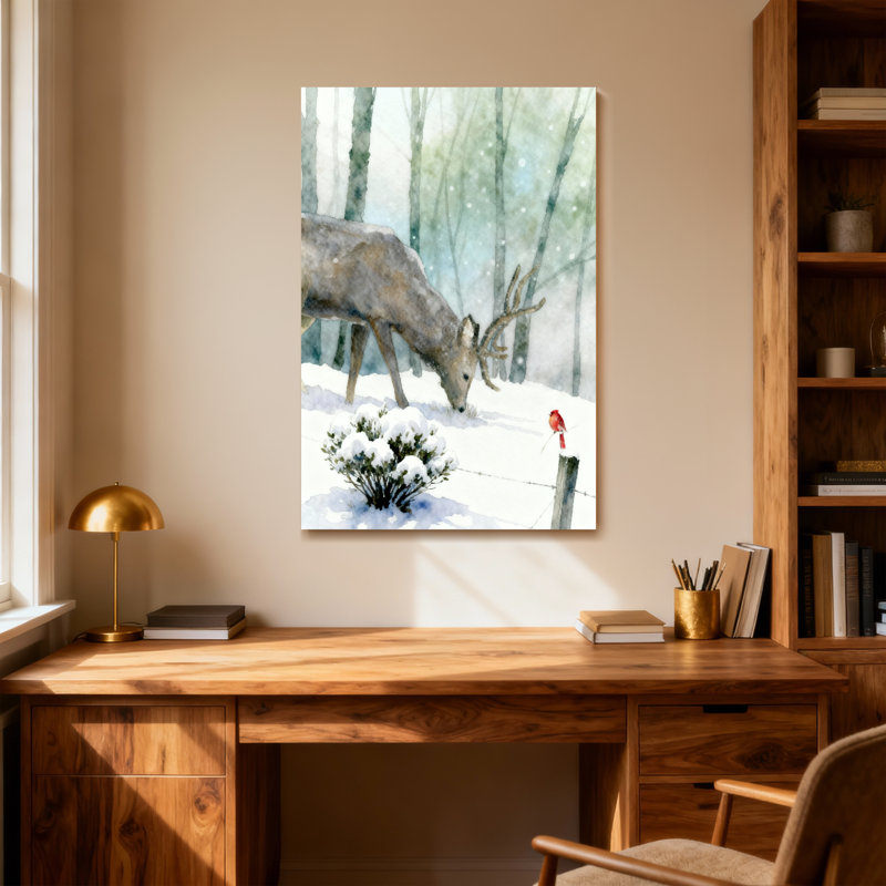 Animaux, hiver, cerf, neige, forêt, scène cardinal, 30" H x 20" W