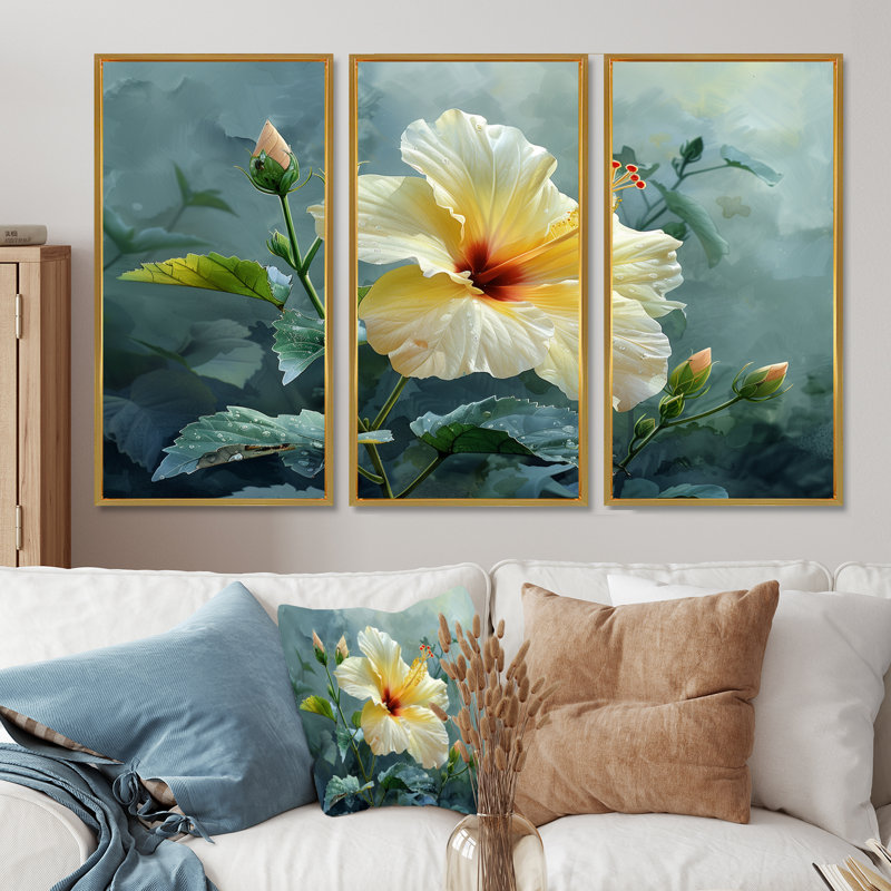Ensemble de décorations murales jaunes, gris et délicats Hibiscus I - Hibiscus, Toile avec cadre flottant noir