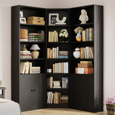 Étagère d'angle et bibliothèque avec portes anticollision, étagères de rangement à 6 niveaux de 71 po de hauteur avec armoires doubles, dispositif anti-basculement, noir