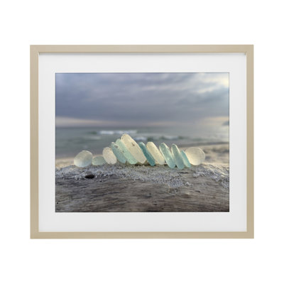 Sea Glass On Driftwood Framed Print Under Glass, design by LMarie Allen