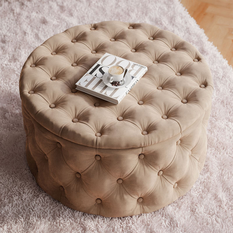 CHESTERFIELD Round Upholstered Pouf Hocker 70 cm, Brown Polyester