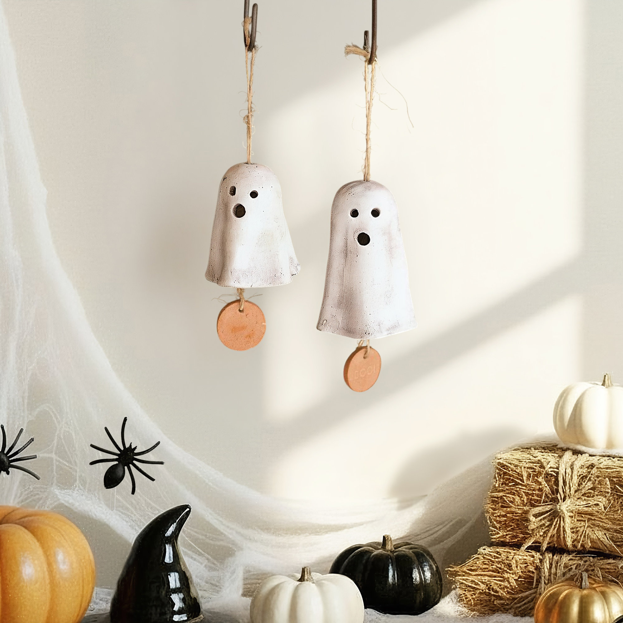 SET OF TWO HANGING GHOST CHIMES, 6" H x 10" W x 10" D
