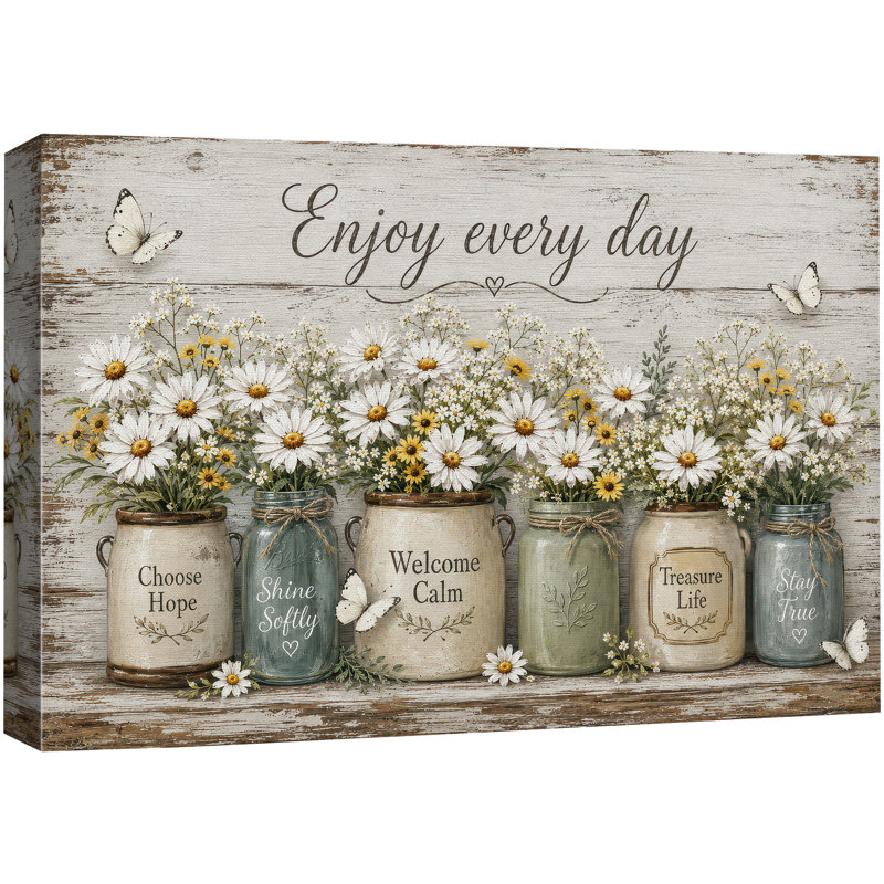 «Enjoy Every Day Daisy Mason Jar», œuvre d'art inspirante, images de salon, impression sur toile encadrée, Toile tendue
