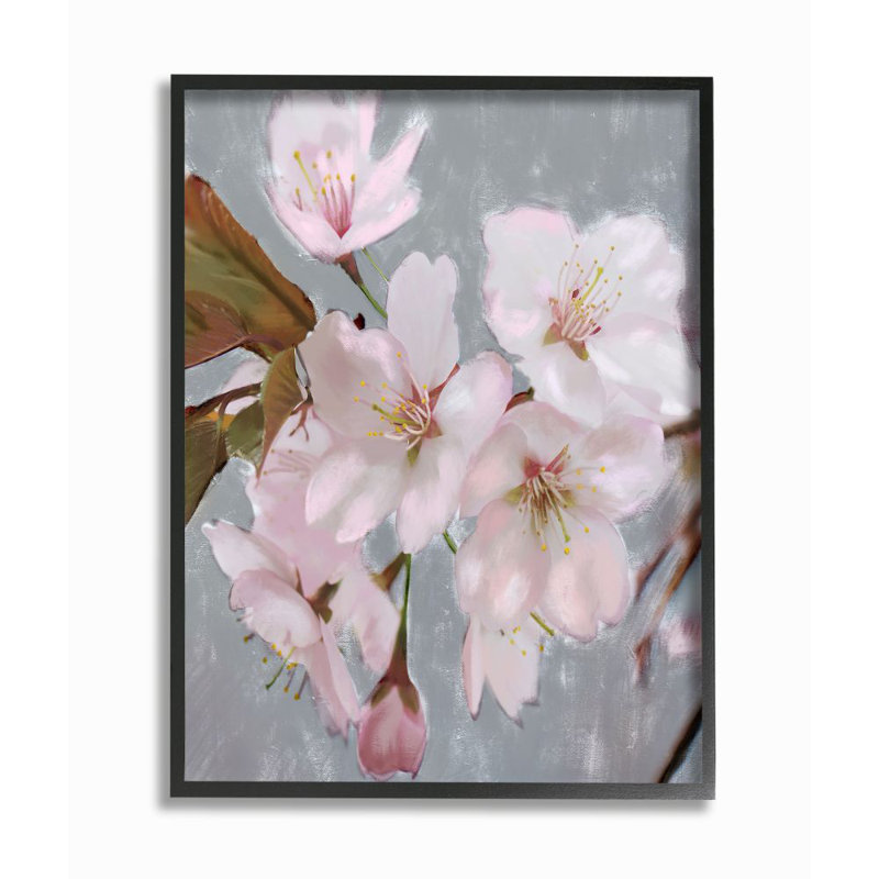«Blooming Cherry Blossoms on Spring Branch» par Daphne Polselli - Peinture, H 20 po x l 16 po, Giclée encadrée noir minuit