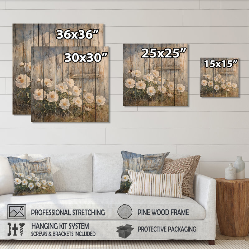Peonies And The Weathered Barn I - Peonies Wood Wall Art - On Natural Pine Wood, 36" H x 36" W x 0.78" D
