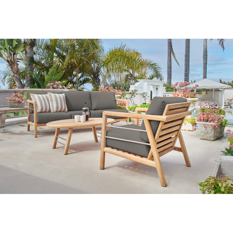 Aalto Teak Sofa With Cushion In Melon, Charcoal Grey Sunbrella®
