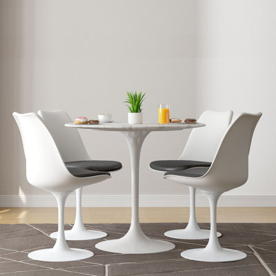 Modholic Tulip 32" Marble Dining Table & Set Of 4 Chairs, Gray