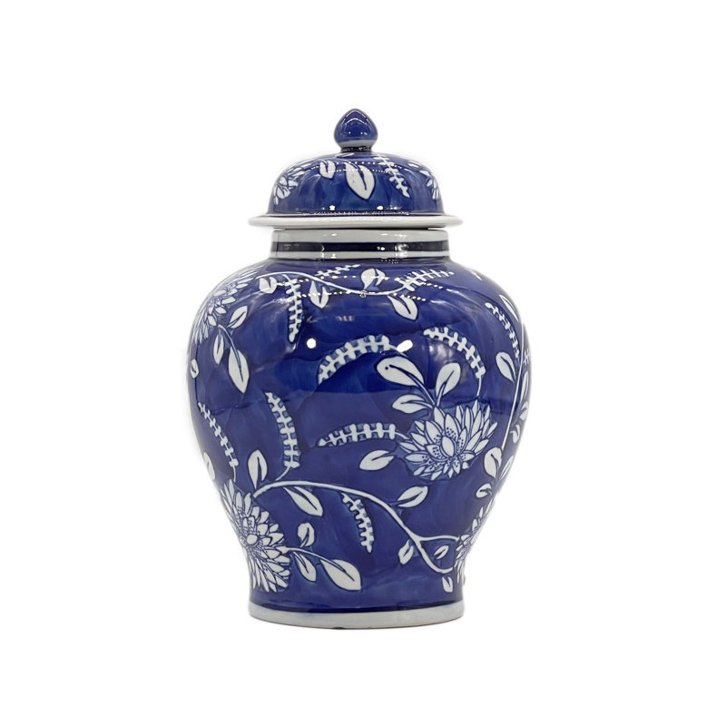Light Blue Floral Ceramic Ginger Jar, 12"