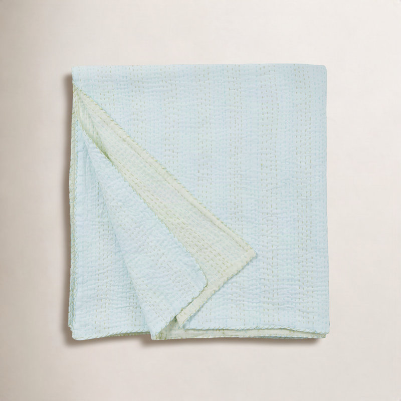 Handstitch Reversible Color Kantha Coverlet, Twin Extra Long Coverlet, Teal
