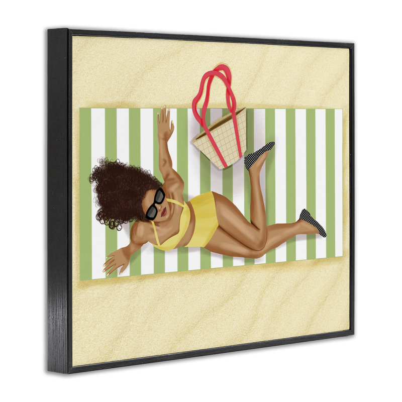 Femme sur une couverture de plage, estampe numérique par Saba Rauf, Cadre noir, H 11 po x l 14 po