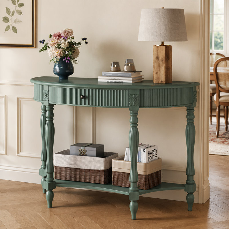 Console demi-lune en bois massif avec tiroir et tablette, Vert antique, Vert antique, Vert antique