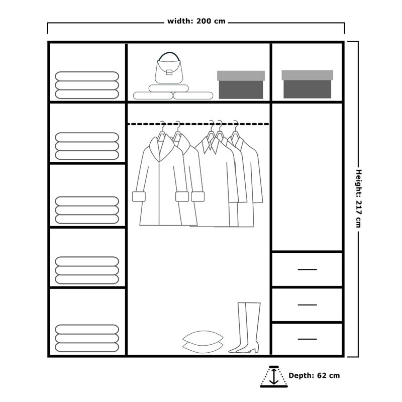 Chabier 2 Door Manufactured Wood Wardrobe, White, 217cm H x 200cm W x 62cm D 
