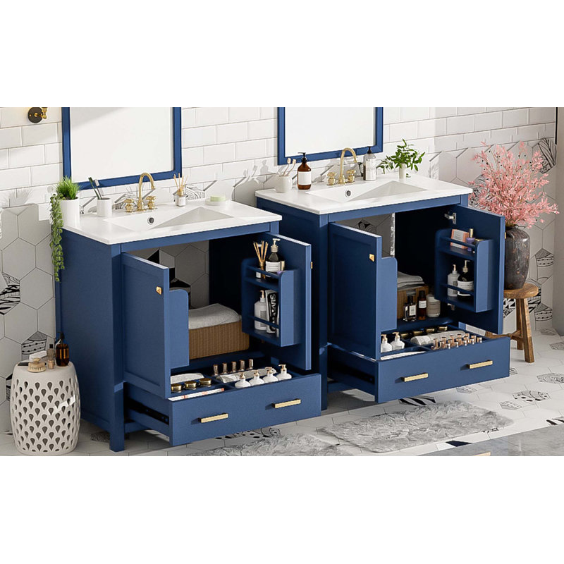 Ensemble de meuble-lavabo 60 po avec lavabos doubles (séparés), lavabos doubles en céramique, étagère de rangement et tiroirs séparés, miroir non inclus - Solution de salle de bain moderne pour salles de bain spacieuses