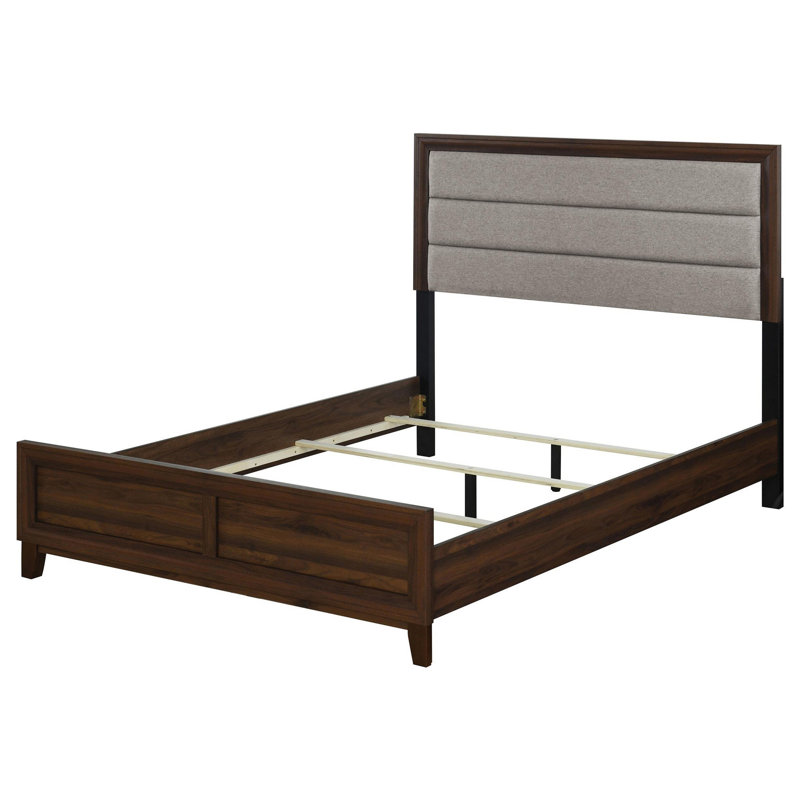 Lit Yels, revêtement taupe capitonné, bois brun foncé, Grand