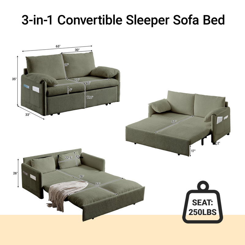 65" Convertible Sofa Bed Loveseat Chaise Lounge 3-In-1 Corduroy Full Size Pull Out Sleeper Couch With Side Pocket & Pillows