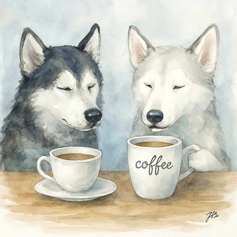 «Brew Buddies» - Husky paire avec tasses à café, aquarelle sur toile, 30" H x 30" W