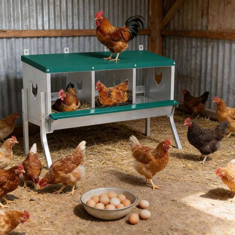 Grandes nichoirs en métal pour poules pour poules, 3 nichoirs en acier galvanisé avec pieds, 4 faux œufs et 10 nichoirs souples