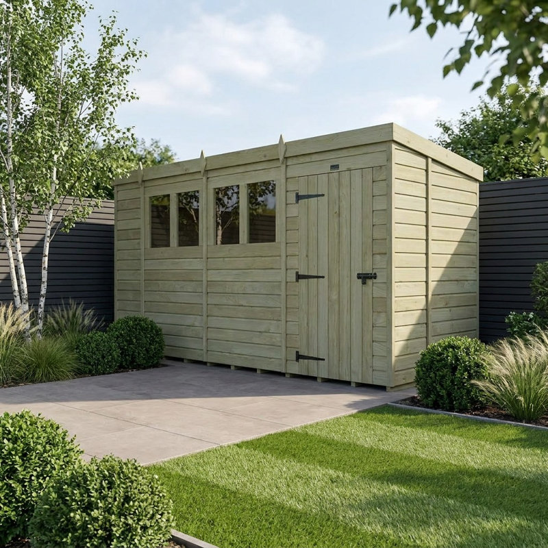Total Sheds 14ft x 6ft Pent Garden Shed - Single Door - With Windows - Pressure Treated Timber - UK Manufactured