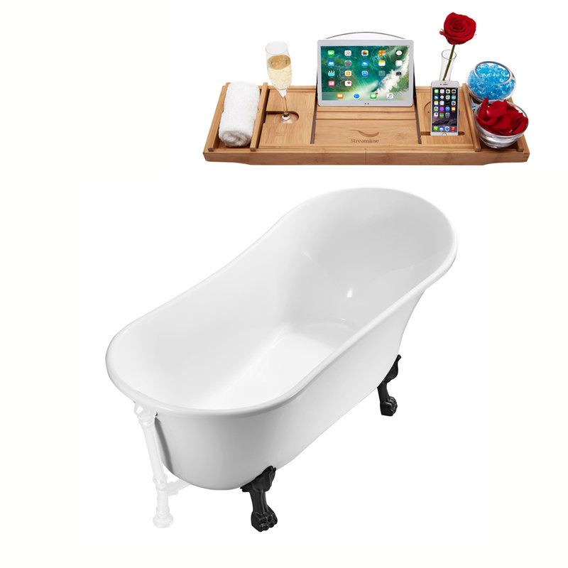 55" Streamline Clawfoot Soaking Acrylic Bathtub With Drain, Clawfeet, and Bamboo Tray, Glossy White, Matte Black