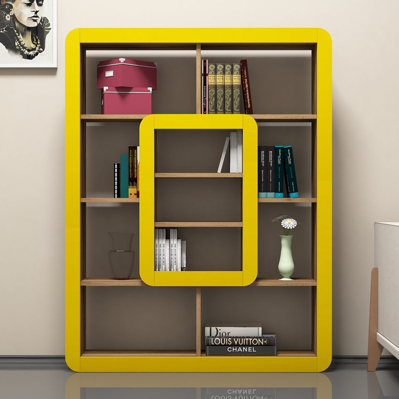 Modern Bookshelf, Walnut & Yellow, 42.7 x 55.1 x 8.6 inches | 100% Melamine Coated Particle Board, Thickness: 0.7 inches | Numerous Shelves, Wall-Mountable Design | Stylish Storage Solution for Home & Office