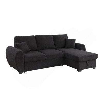 Teddy Fleece Reversible Sleeper Sectional Sofa With Storage Chaise, Black