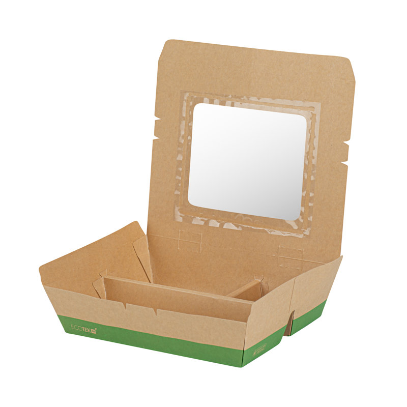 Restaurantware Paper Bento Box 100 Count 51 Ounces Paper Lunch Container Kraft Food Box, Greaseproof Disposable Three Compartment Meal Prep Box with Transparent PLA window