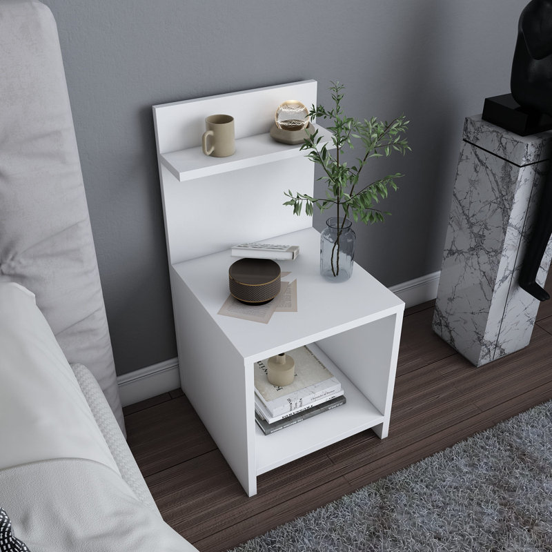 Table de chevet blanche moderne, 14,0 x 14,7 x 28,3 pouces | 100% panneau de particules enduit de mélamine, épaisseur: 0,7 pouce | Conception élégante, parfaite pour la chambre à coucher ou le salon, solution de rangement élégante
