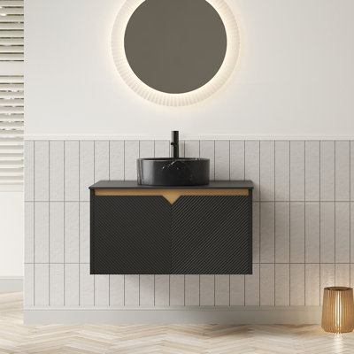 Meuble-lavabo de 30 po: vasque en céramique noire avec plateau en pierre frittée, portes d'armoire en bois massif sergé - Symmetry, mécanisme de fermeture en douceur, lavabo rond à installation facile, système de fermeture, contreplaqué