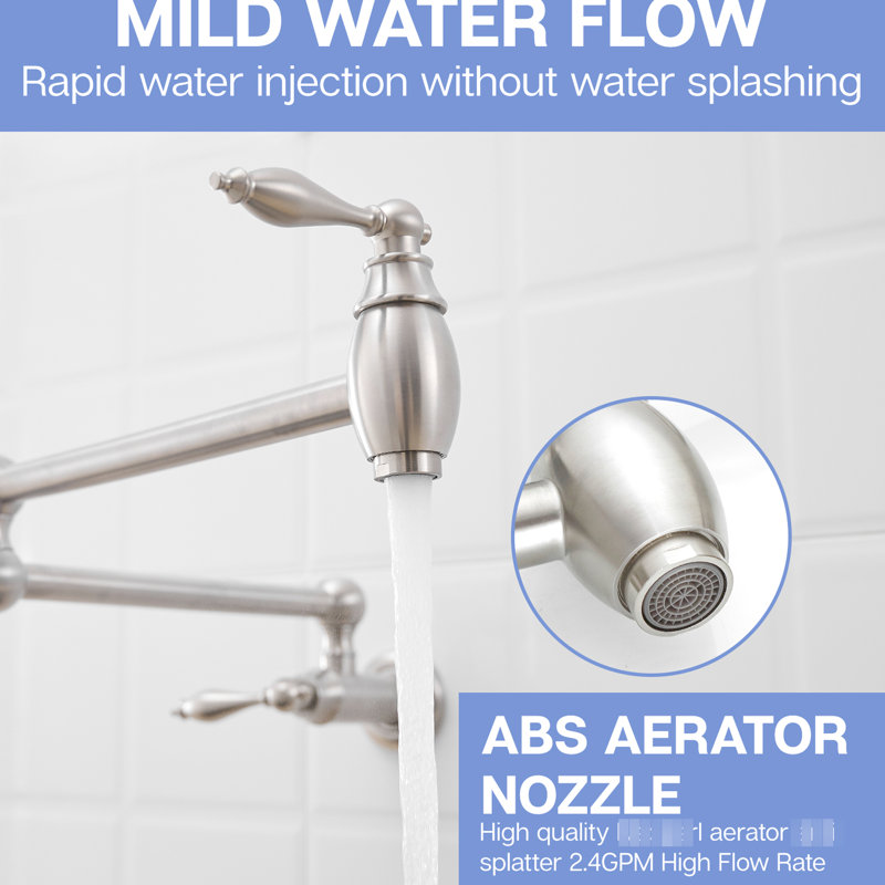 Kitchen Pot Filler Faucet, Wall Mount Commercial, Brushed Nickel Finish, Brass Construction, Double Joint Swing Arms, Style A, Contemporary Style, Safe And Efficient, 360 Spout Movement Filler,