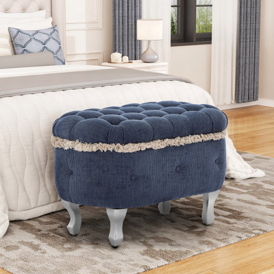 Bancs de rangement de 29,5 po, banc de bout de lit avec capitonnage à boutons, repose-pieds de rangement rembourré en tissu, banc de fenêtre avec frange, banc de rangement pour chaussures, banc de pied de lit pour la chambre à coucher, vestibule, vestiaire, bleu