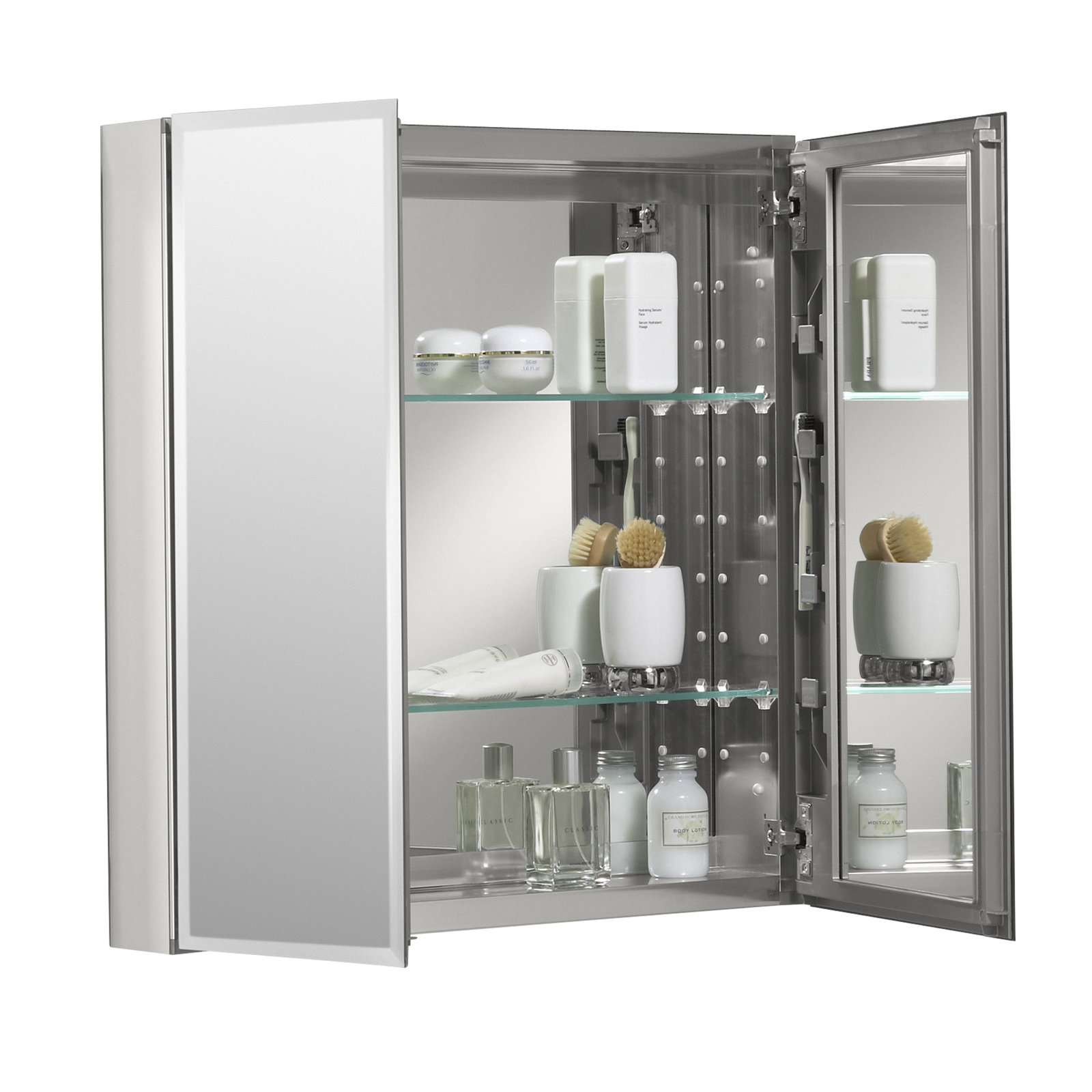 CLC Aluminum Two-Door Medicine Cabinet With Mirrored Doors, Beveled Edges, 26" H x 25" W x 5" D