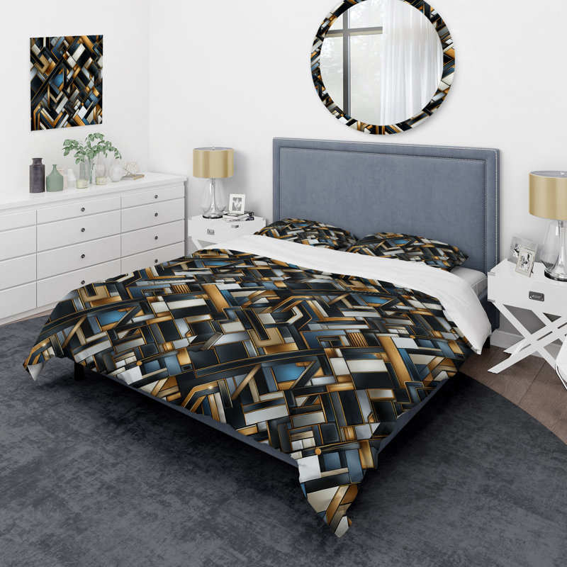 Natural Tones Grey And Beige Mosaic Geometric Shapes Duvet Cover, Twin Duvet Cover + 1 Standard Sham, Geometric Shapes 3