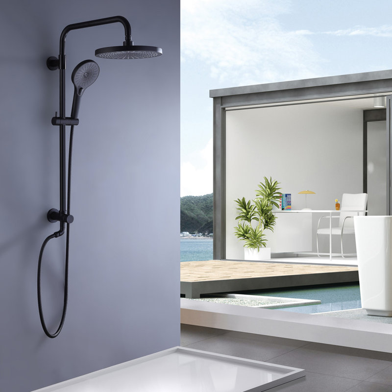 Système de douche noir mat - Ensemble de robinet de douche mural avec pomme de douche à effet pluie 10 ", barre coulissante et douche à main à 3 fonctions
