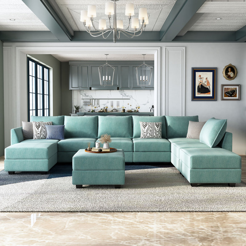Tremee U-shaped Modular Sectional Sofa with Chaise, Blue Polyester