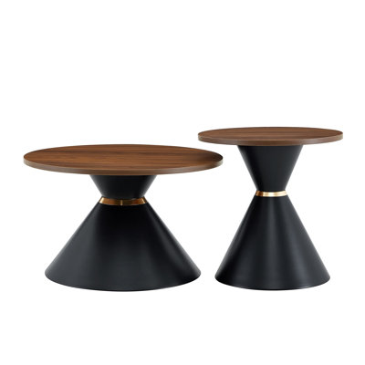 2-piece fashionable round coffee table set, walnut textured countertop with stable metal base, easy to clean side table in living room and bedroom (walnut+black)