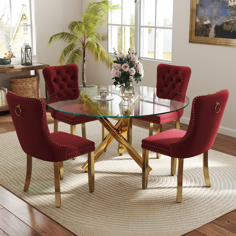 Ensemble de table de salle à manger 5 pièces, Bourgogne / Doré, H 29,5 po x L 47 po x l 47 po, Or