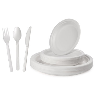 Compostable Disposable Paper Plates Combo and Utensil Set - 25 Sets