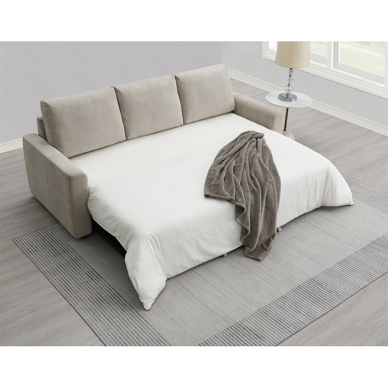 Androniki Transitional 89''L Upholstered Square Arms Sofa with Sleeper, Beige Fabric