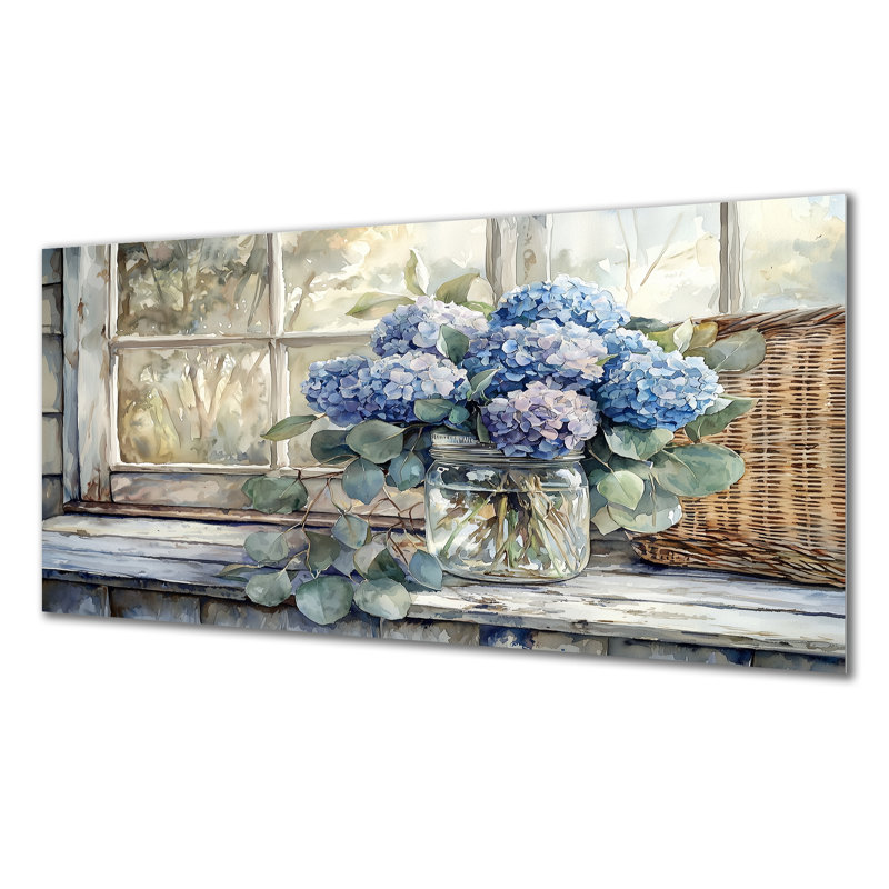Hortensias et eucalyptus I - reproduction d'art traditionnelle en métal, hydrangées en métal, H 28 po x l 60 po