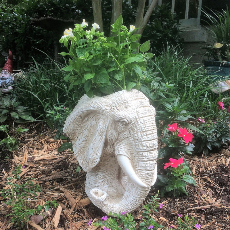 Muggly's Elephant Mascot Animal Statue Planter, 18" H x 10.5" W x 12" D, Antique White