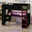 Lit mezzanine avec bureau de jeu, étagères, bande lumineuse et borne de recharge pour chambres à coucher peu encombrantes-1256932782