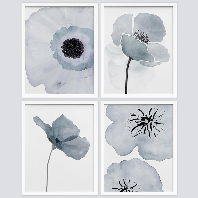 Gros plan duo de fleurs de magnolia bleu pastel - ensemble de 4 reproductions de cadres photo simples, Blanc