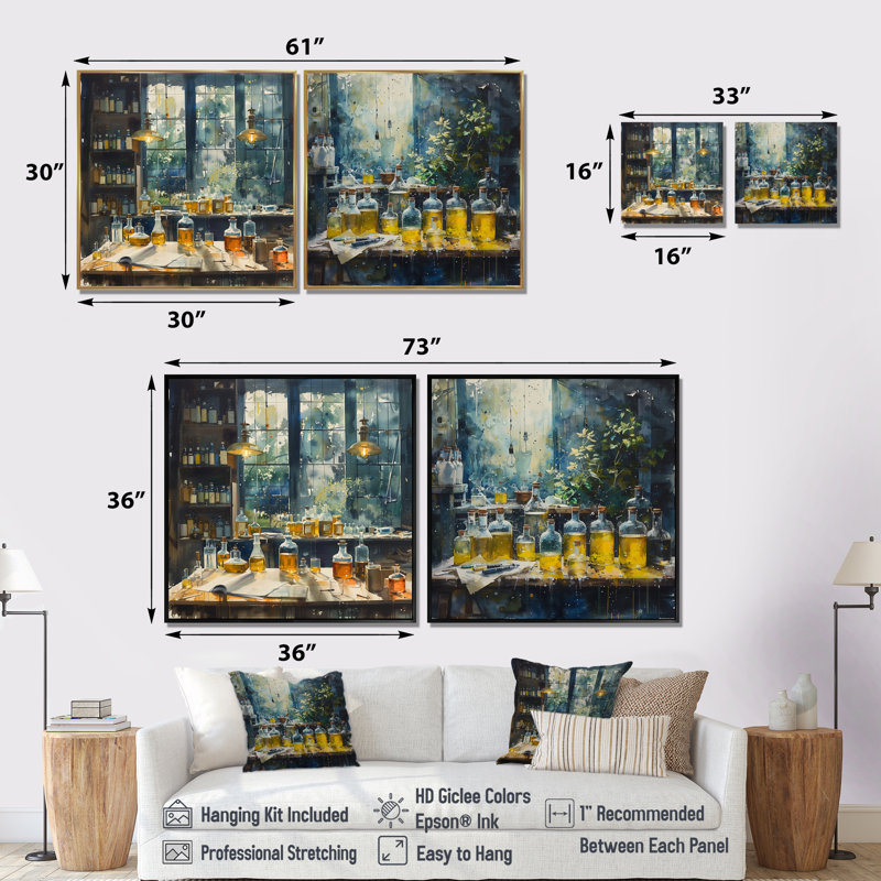 Bleu et jaune, laboratoire de recherche chimique I - laboratoires, art mural - décoration murale industrielle 2 pièces