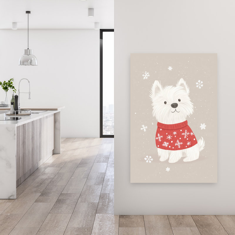 Cute Winter Westie Abstract Contemporary Dog Winter Landscape Wall Art Print 1 Piece Wrapped Canvas Wall Art