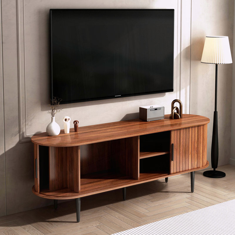 Modern TV Console with Sliding Door and Storage Compartment, Walnut, 21.65"H x 55"L x 15.75"W