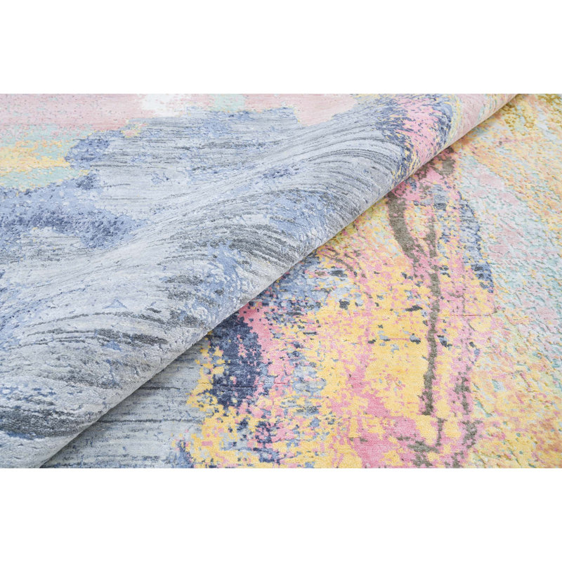 Wool Abstract Area Rug in Blue/Camel, Rectangle 6' x 9'