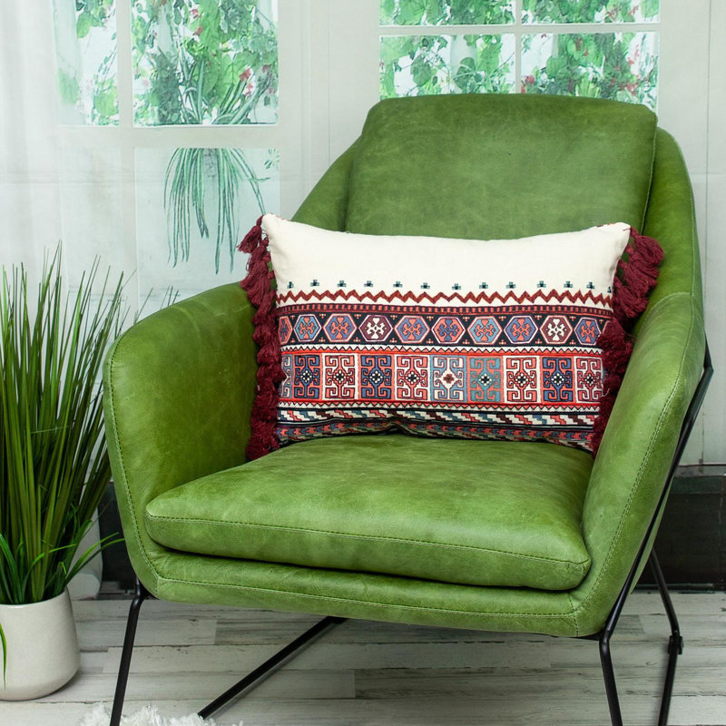 Ethnic Multicolor Cotton Embroidered Lumbar Pillow with Tassels